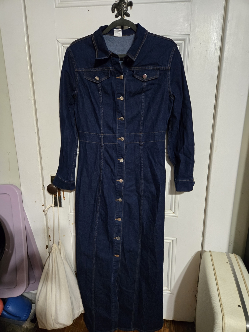 Button-Front Dark Indigo Denim Maxi Dress Size M
